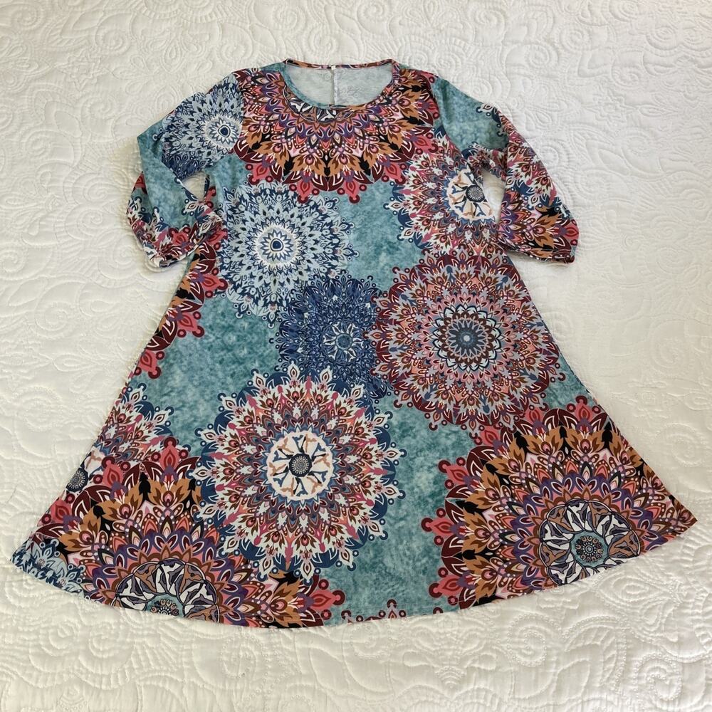 Tunic Top Dress Women's L Mandala Multicolor Scoop Neck 3/4 Sleeve Pockets